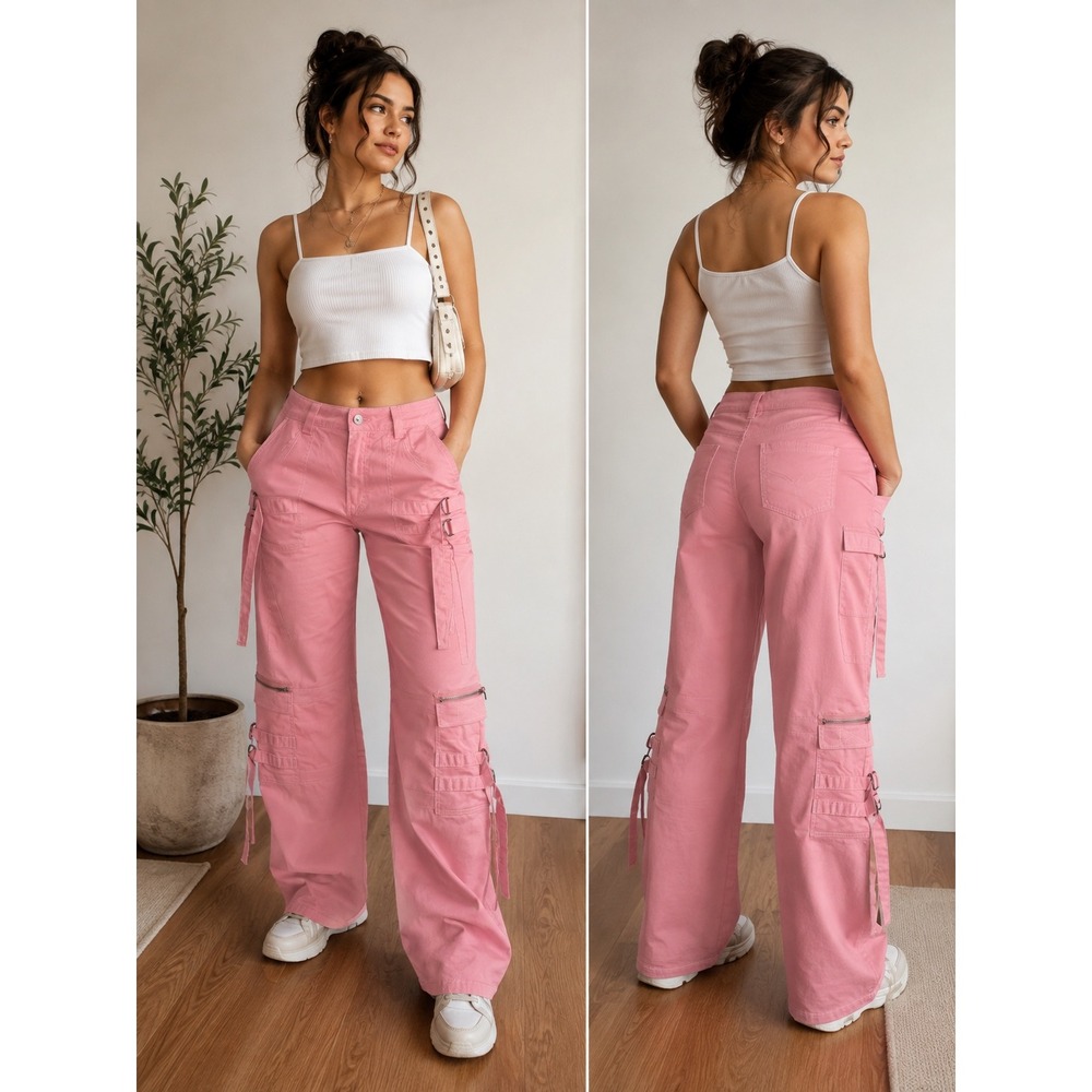 Fashion Nova Womens Pink Cargo Pants Wide Leg Utility Strap D-Ring Streetwear M